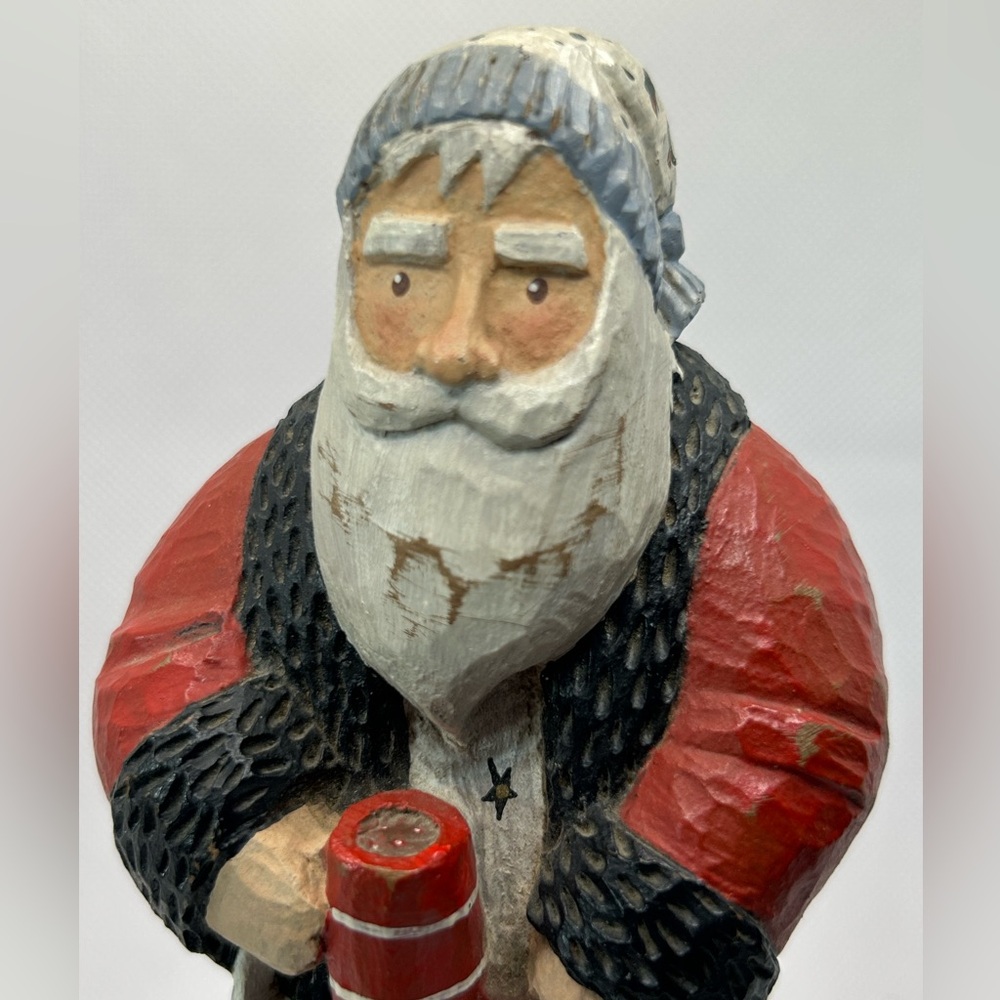 Handcrafted Santa Claus Figurine Red Black Drinking Coffee Heavy Signed
